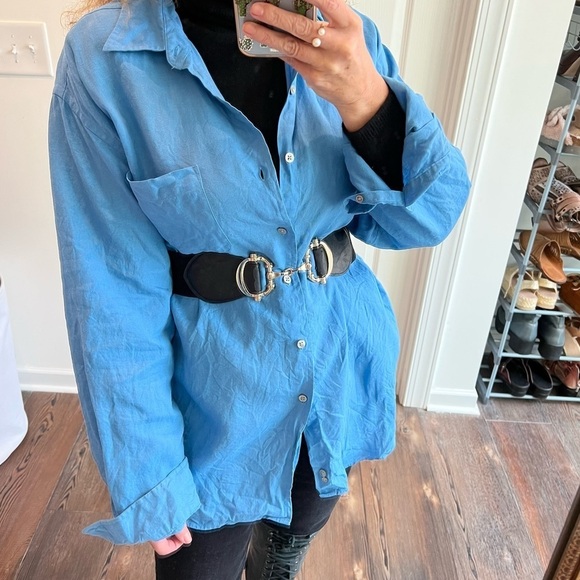 Blue pure linen button down shirt Joseph and Lyman Italian linen size large - Picture 4 of 10